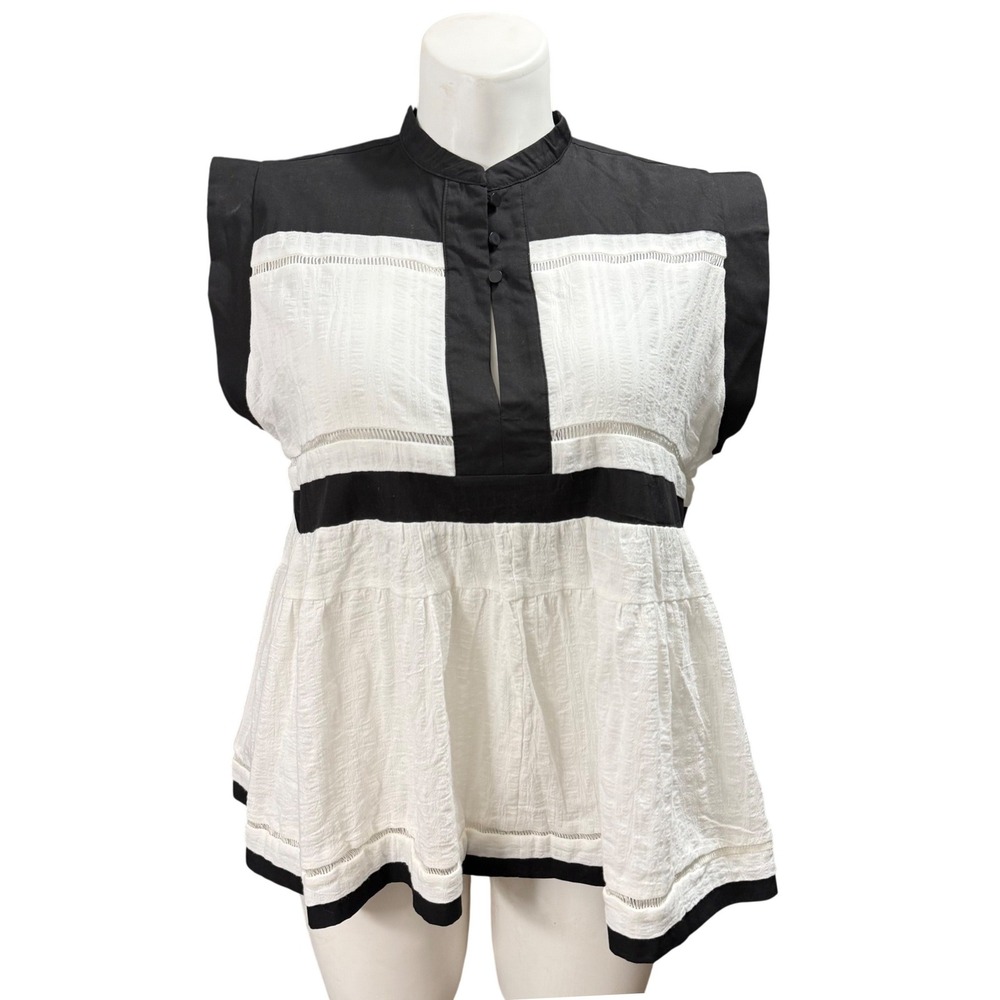 AnnieWear Los Angeles Black White Cotton Peplum Top XL AT1042 Sleeveless Lace